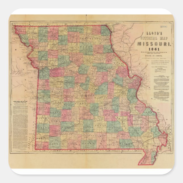 Adesivo Quadrado Lloyd's Office Map of Missouri (1861) (Frente)