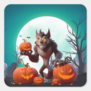 Adesivo Quadrado Lobisomem e abóboras de Halloween