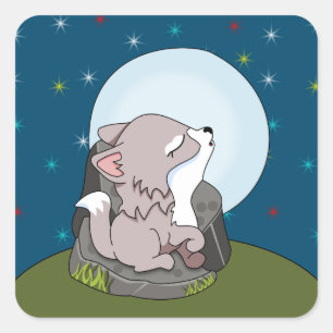 Adesivo Quadrado Lobo Bebê Uivando Para Uma Lua
