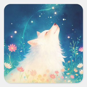 Adesivo Quadrado Lobo Branco Contemplando a Trilha Celestial Mágica