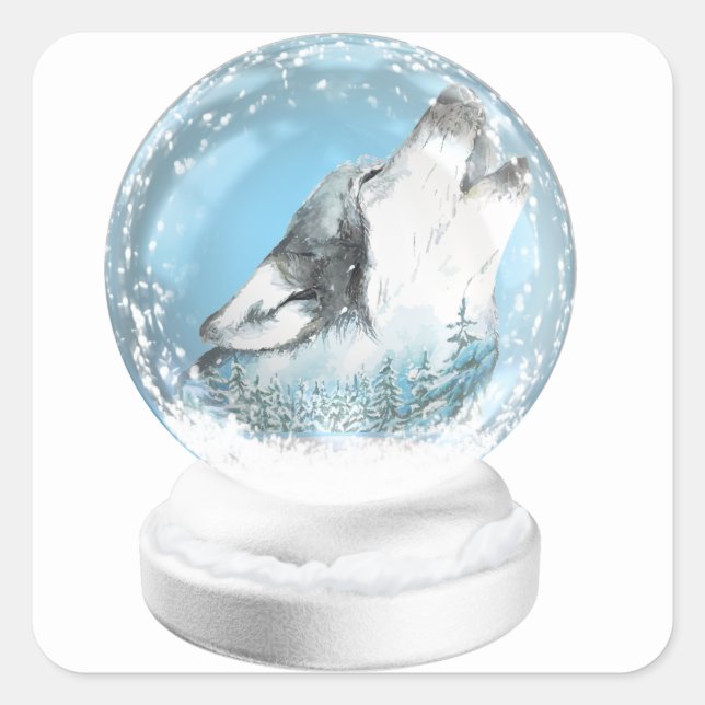 Adesivo Quadrado Lobo de Natal No Mundo Da Neve De Inverno (Frente)