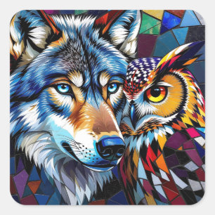 Adesivo Quadrado Lobo e Coruja Vibrantes e Coloridos