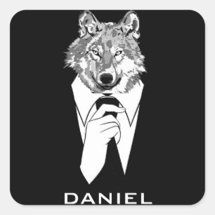Adesivo Quadrado Lobo engraçado do hipster com o smoking preto