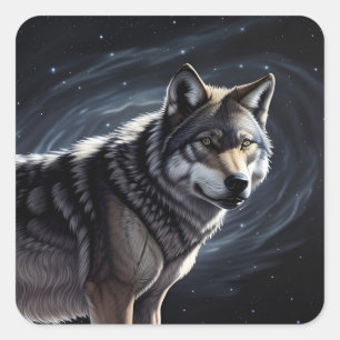Adesivo Quadrado Lobo Majestoso Sob Céu Estrelado