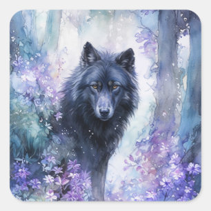 Adesivo Quadrado Lobo Negro em Floresta Mística de Aquarela Roxa