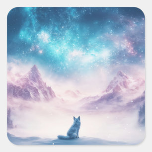 Adesivo Quadrado Lobo Sentado em Paisagem Montanhosa de Inverno Nev