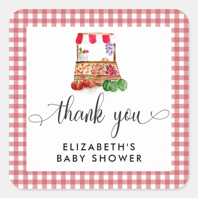 Adesivo Quadrado Locally Grown Baby Shower Carrots Gingham (Frente)