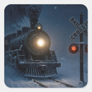 Adesivo Quadrado Locomotiva a Vapor Antiga no Inverno