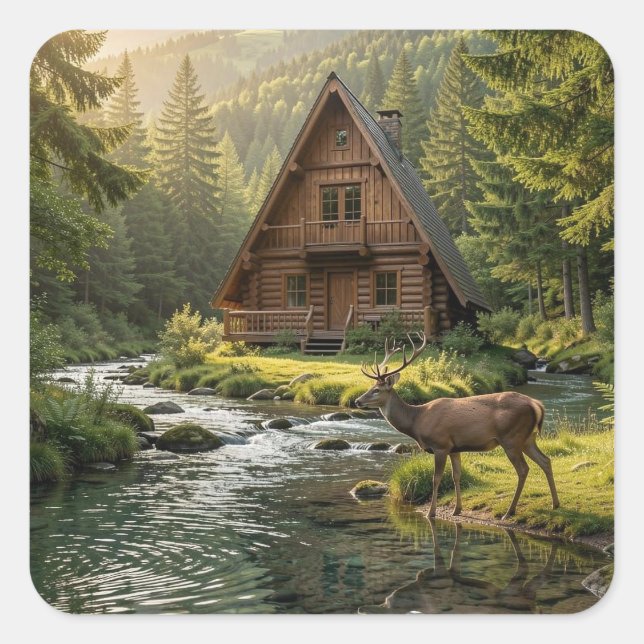 Adesivo Quadrado Log Cabin, Stream, Mountains and Deer Nature Art (Frente)