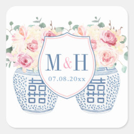 Adesivo Quadrado Logotipo de Casamento de Rosas Chinoiserie cor-de-