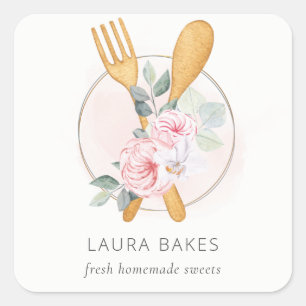 Adesivo Quadrado Logotipo de Chef Floral Cor-de-rosa-rosa com borda