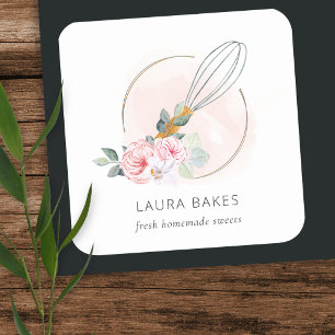 Adesivo Quadrado Logotipo de Chef Floral de Cor de Água com Whisk e