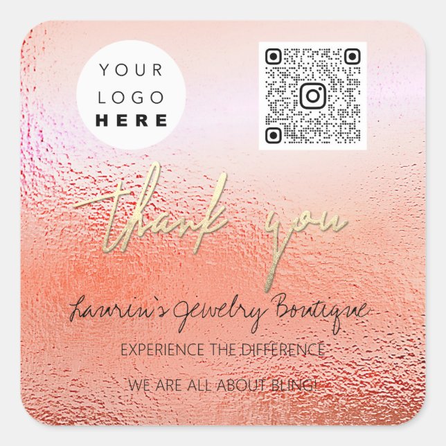 Adesivo Quadrado Logotipo do obrigado QrCode Compro online Rosa Dou (Frente)