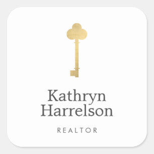 Adesivo Quadrado Logotipo Dourado de Realtor de Chave Simples Faux