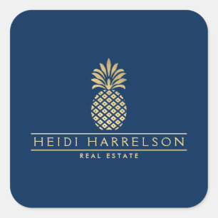 Adesivo Quadrado Logotipo Elegante de Abacaxi Dourado sobre Azul Ma