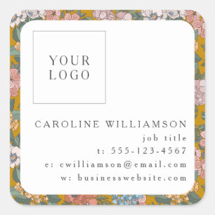 Adesivo Quadrado Logotipo Floral Amarelo Simples Boho Feminino Empr