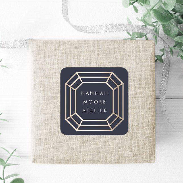 Adesivo Quadrado Logotipo Gemstone Dourado Faux Elegante (Criador carregado)