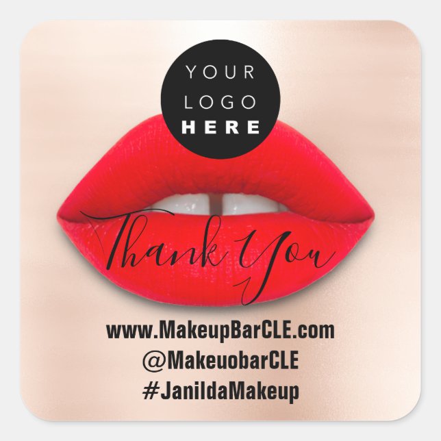 Adesivo Quadrado Logotipo QR Código Nome Obrigado Comprando Lábios  (Frente)