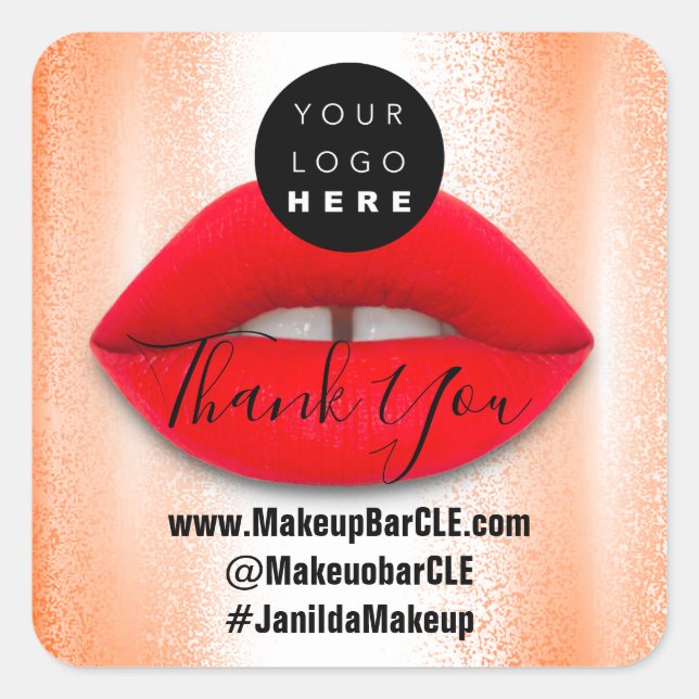 Adesivo Quadrado Logotipo QR Código Nome Obrigado Comprando Lábios  (Frente)