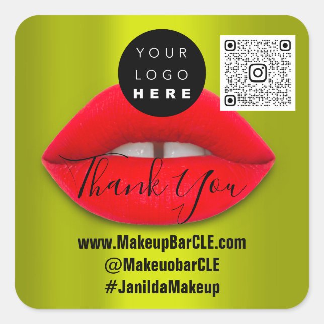 Adesivo Quadrado Logotipo QR Código Nome Obrigado Comprando Lábios  (Frente)