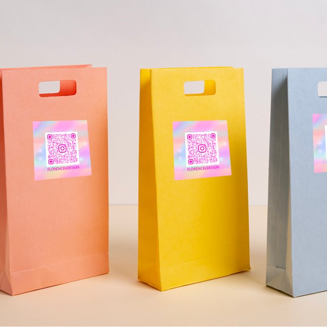 Adesivo Quadrado Logotipo QR personalizado Pastas Hológrafo Rosa (Holographic Pink QR CODE FLORENCEK)