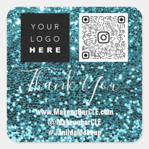 Adesivo Quadrado Logotipo QRCode Nome Obrigado Comprando Azul Socia