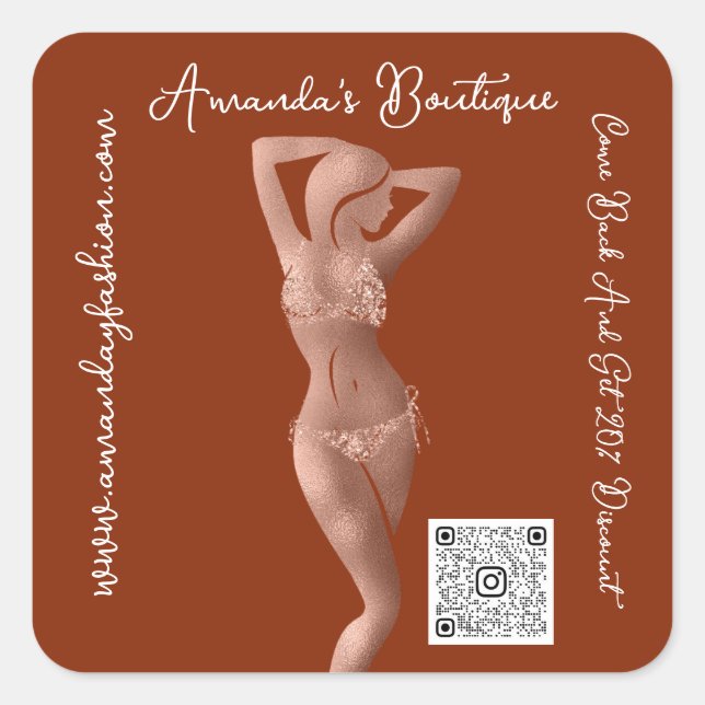 Adesivo Quadrado Loja Boutique Lingeire QrCode Logotipo Corpo Rosa  (Frente)
