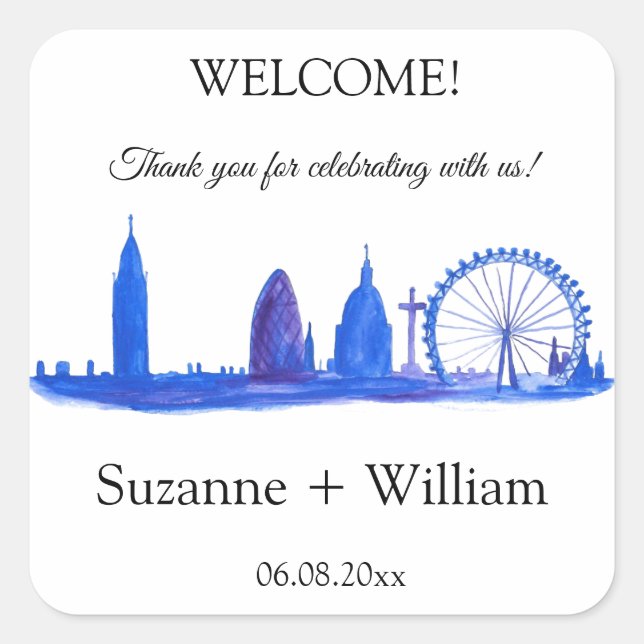 Adesivo Quadrado Londres Inglaterra Skyline Blue Favcome Casamentos (Frente)