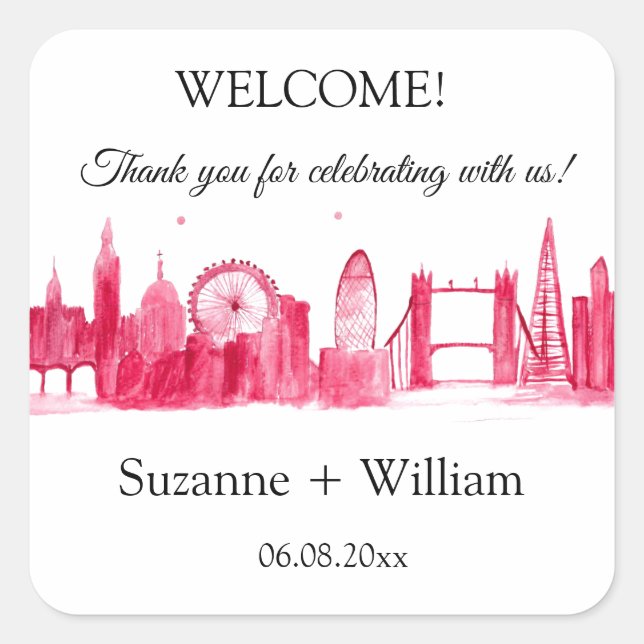 Adesivo Quadrado Londres Inglaterra: Skyline Pink Favorece Casament (Frente)