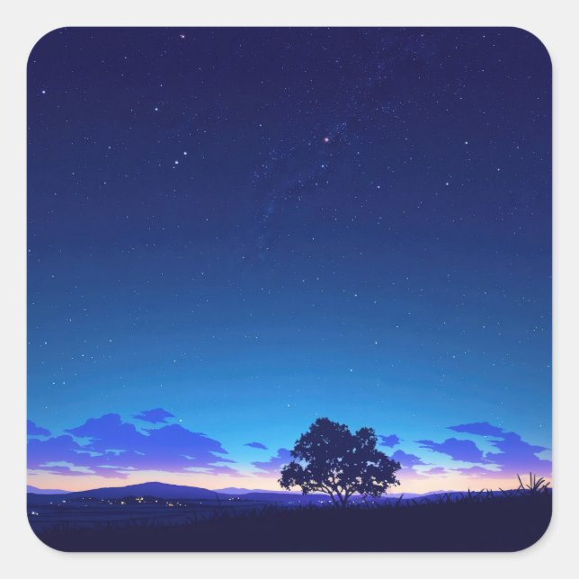 Adesivo Quadrado Lonely Tree Silhouette Under Starry Night Sky (Frente)