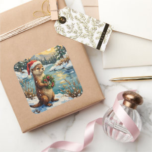 Adesivo Quadrado Lontra Vintage com Coroa de Natal pela Frozen