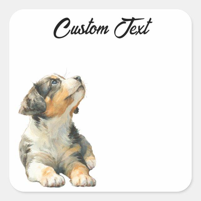 Adesivo Quadrado Looking Up Puppy | Personalized Custom Text (Frente)