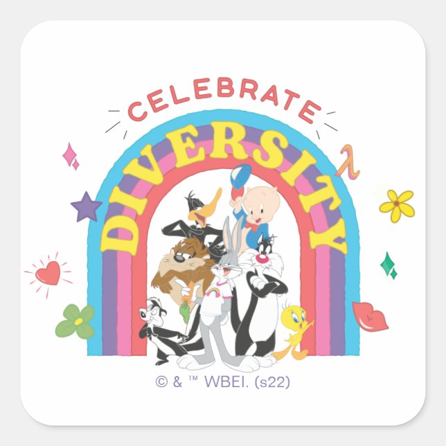 Adesivo Quadrado LOONEY TUNES™ - Celebrate Diversity Pride Rainbow (Frente)
