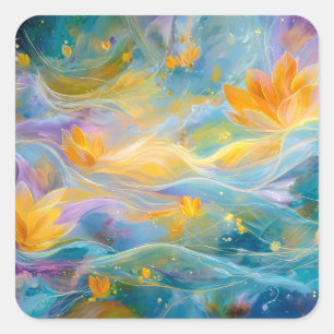 Adesivo Quadrado Lótus Dourado Abstrato Flores Flutuantes