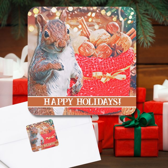 Adesivo Quadrado Loucos de Natal de Esquilo (A cute squirrel in front of the Christmas tree makes for a sweet custom sticker for holiday cards!)