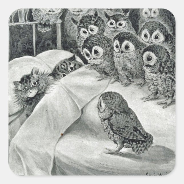 Adesivo Quadrado Louis Wain Cat Nightmare Owl Bird (Frente)