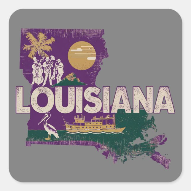 Adesivo Quadrado Louisiana Retro State Silhouette (Frente)