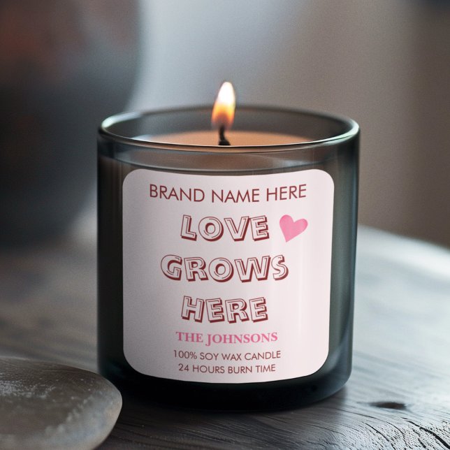 Adesivo Quadrado Love Grows Here | Valentine's Day Candle Labels  (Criador carregado)