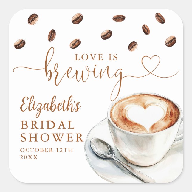 Adesivo Quadrado Love Is Brewing Coffee Bridal Shower Favor (Frente)