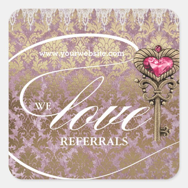 Adesivo Quadrado Love Refere Chave Skeleton Dourada Rosa Damask (Frente)