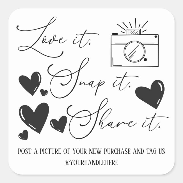Adesivo Quadrado Love Snap Share Camera Hearts Script Etsy Business (Frente)