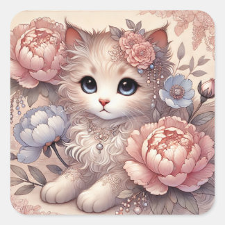 Adesivo Quadrado Lovely Peony Princess Cat