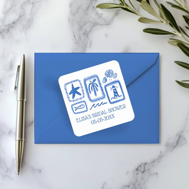 Adesivo Quadrado LoveNotes do Chá de panela PERSONALIZADO Sea Cute  (LoveNotes from Sea Cute Beach CUSTOM Bridal Shower Square Sticker
)