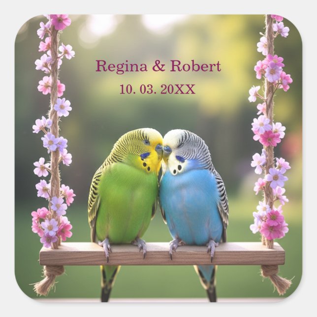 Adesivo Quadrado Loving Budgie Couple on Swing Custom Wedding Favor (Frente)