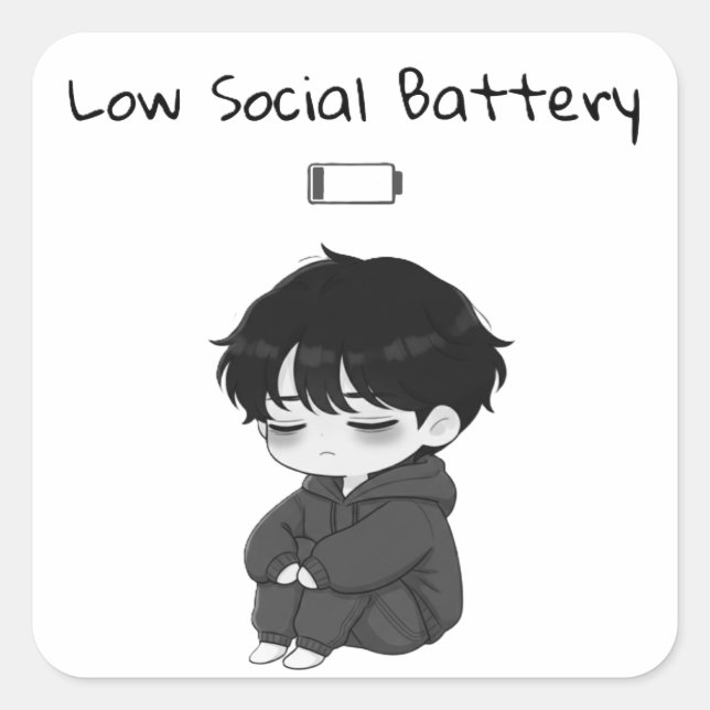 Adesivo Quadrado Low Social Battery Relatable Chibi Boy (Frente)