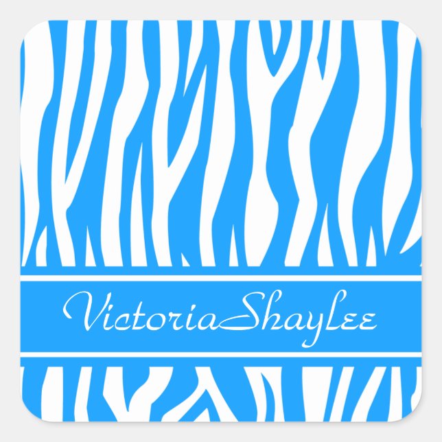 Adesivo Quadrado Lt Blue Zebra Print com texto personalizado (Frente)