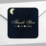 Adesivo Quadrado Lua Celestial Stars Midnight Blue Obrigado<br><div class="desc">A Lua Celestial Stars Azul À Meia-Noite,  Obrigado Pau Quadrado. Este design apresenta luzes estreladas brilhantes com uma lua crescente brilhando no céu noturno estrelado.</div>