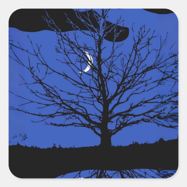 Adesivo Quadrado Lua com árvore, azul cobalto, preto e branco (Frente)