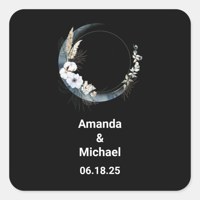 Adesivo Quadrado Lua do Crescente Azul com Casamento de Flores Bran (Frente)