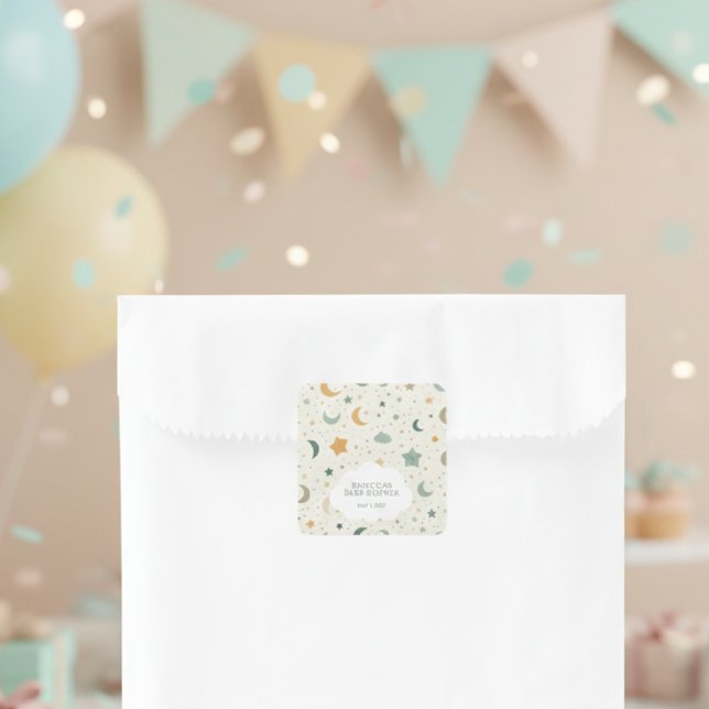 Adesivo Quadrado Lua e Estrelas Boho Chá de Adoção Bebê (Boho baby shower guest favor sticker)